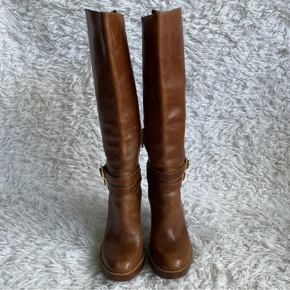 Tory Burch Brown Leather Platform Heels Boots with Ankle Straps Size 8 - Picture 4 of 11